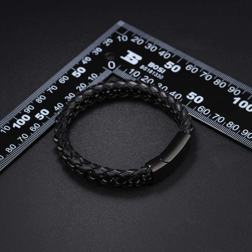 200mm Length Black Stainless Steel and Leather Bracelet for Men, Fashion Jewelry Gift