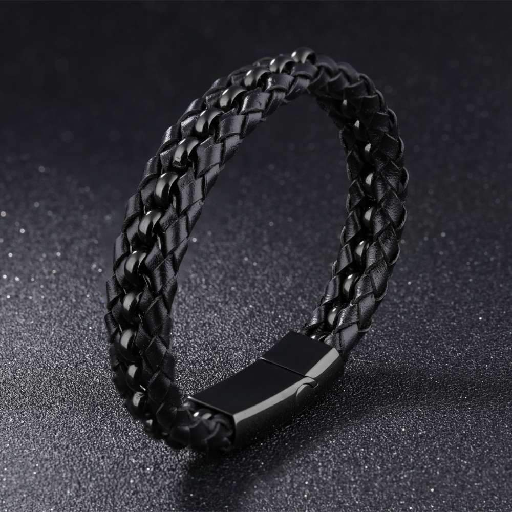 200mm Length Black Stainless Steel and Leather Bracelet for Men, Fashion Jewelry Gift