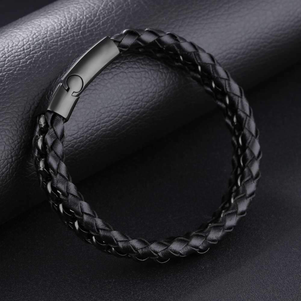 200mm Length Black Stainless Steel and Leather Bracelet for Men, Fashion Jewelry Gift