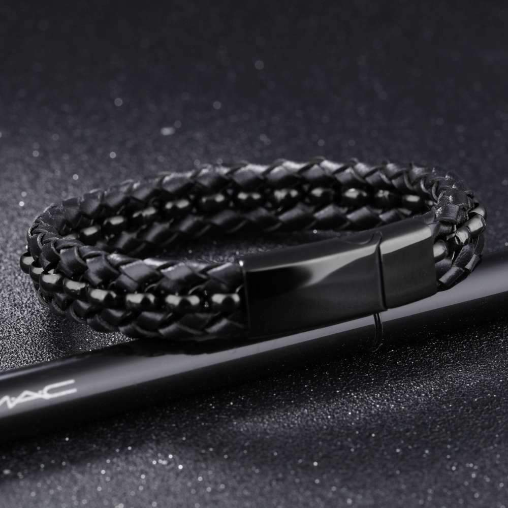 200mm Length Black Stainless Steel and Leather Bracelet for Men, Fashion Jewelry Gift