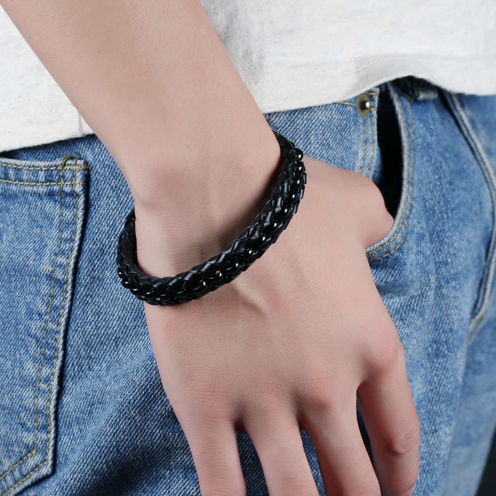 200mm Length Black Stainless Steel and Leather Bracelet for Men, Fashion Jewelry Gift