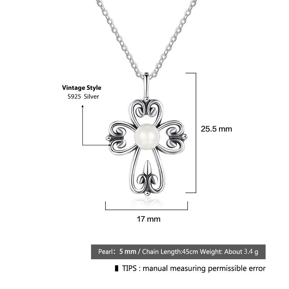 Fashion 925 Sterling Silver Necklace with Simulated Pearl Cross Pendant, Vintage Jewelry for Women
