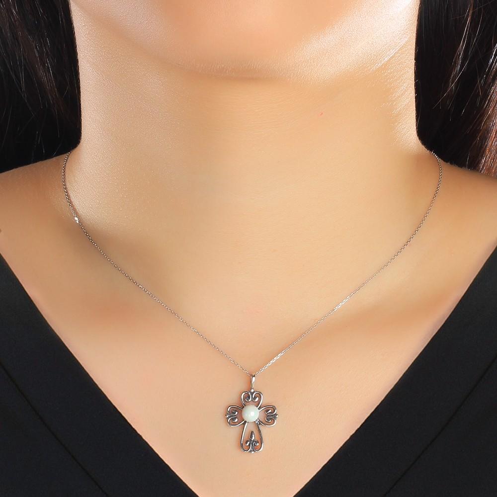 Fashion 925 Sterling Silver Necklace with Simulated Pearl Cross Pendant, Vintage Jewelry for Women