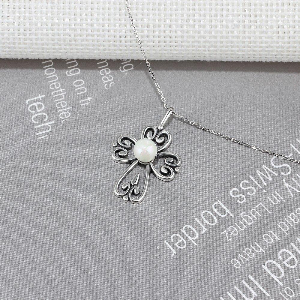 Fashion 925 Sterling Silver Necklace with Simulated Pearl Cross Pendant, Vintage Jewelry for Women