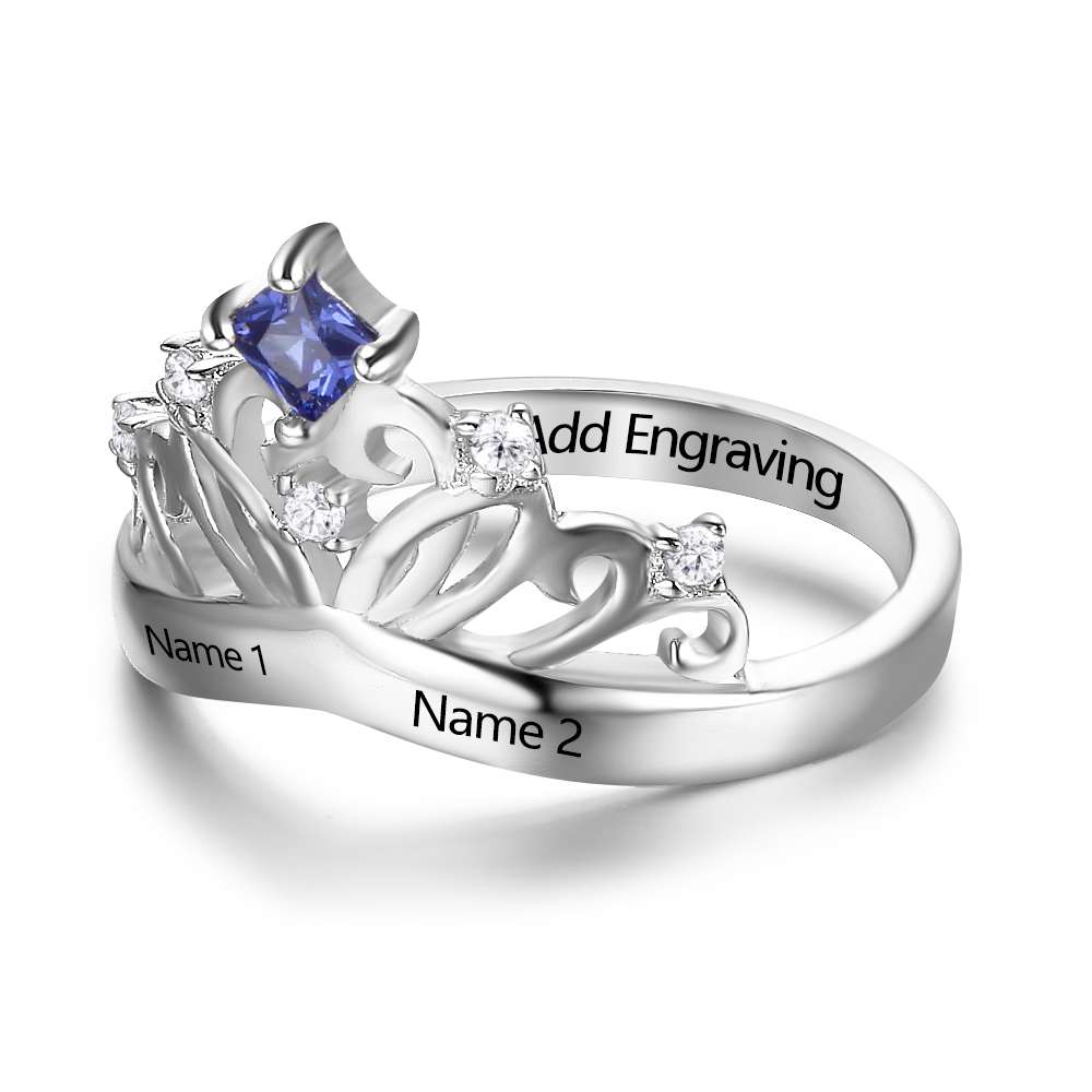 Crown Design Birthstone Ring 925 Sterling Silver, Engrave Name Anniversary Personalized Gift