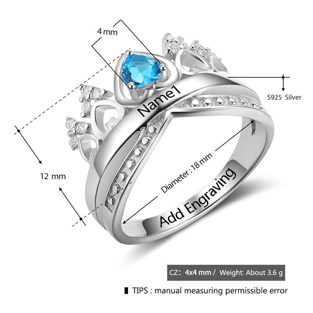 Crown Shaped 925 Sterling Silver Ring with Birthstone Setting in Shape of Heart, Personalized Gift of Love
