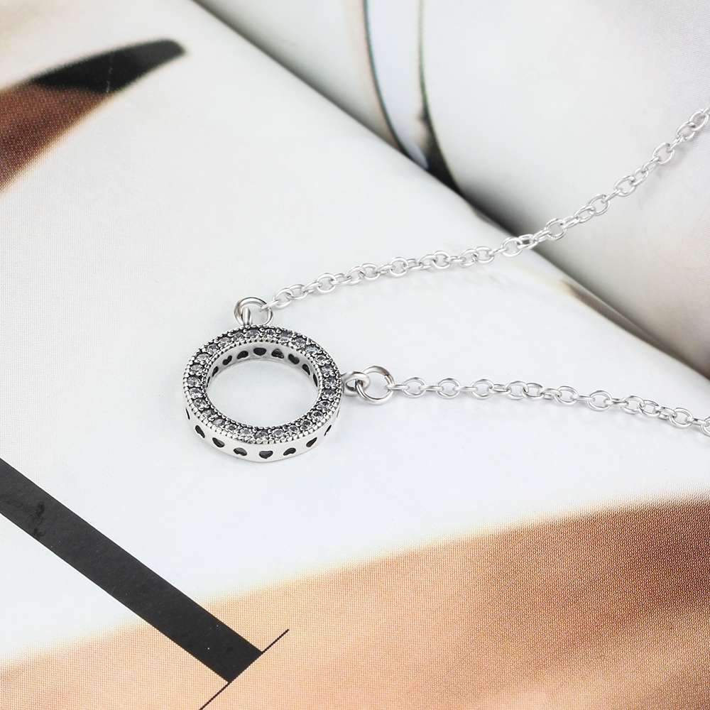 Round Hollow Design CZ Solid 925 Sterling Silver Necklace & Pendants Fashion Women Necklace Vintage Jewelry