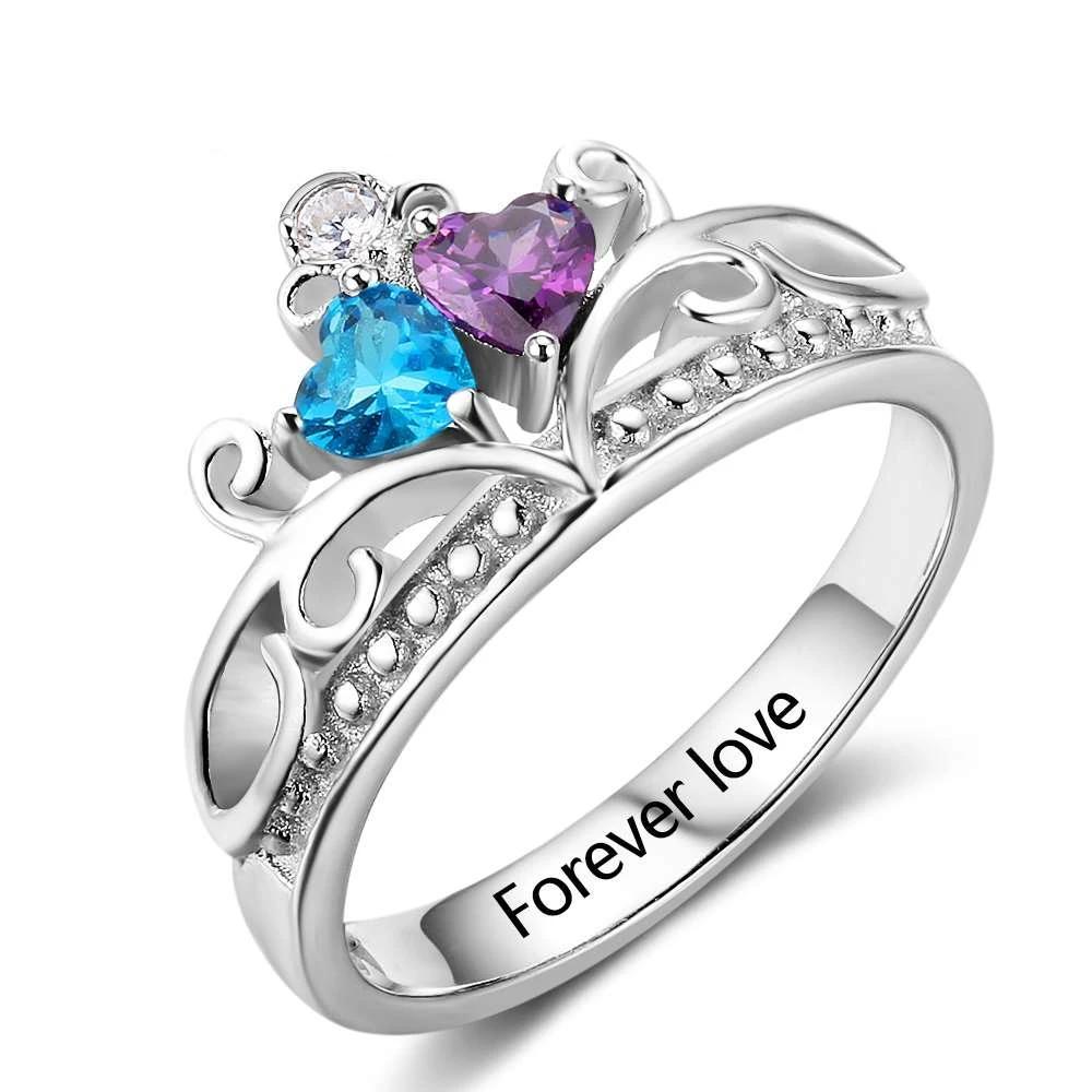Heart Pattern Crown Birthstone Ring 925 Sterling Silver Engrave Name Anniversary Personalise Rings For Women