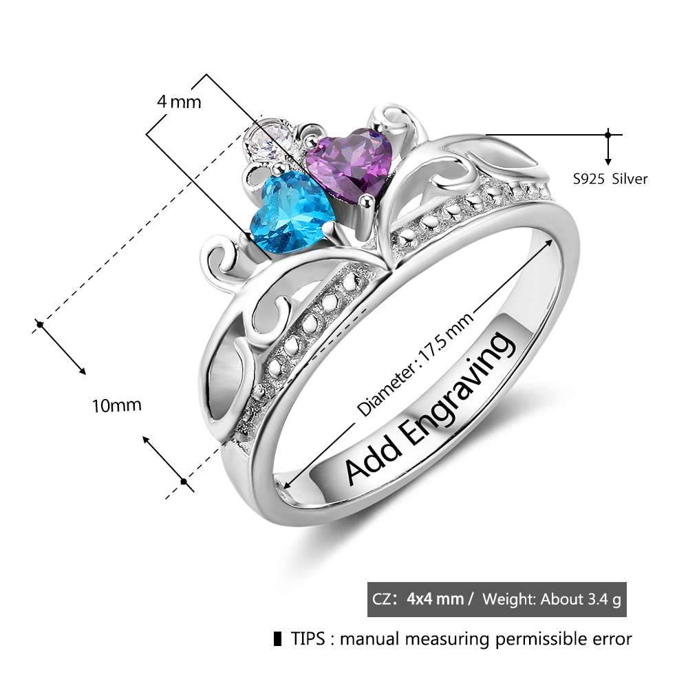 Heart Pattern Crown Birthstone Ring 925 Sterling Silver Engrave Name Anniversary Personalise Rings For Women