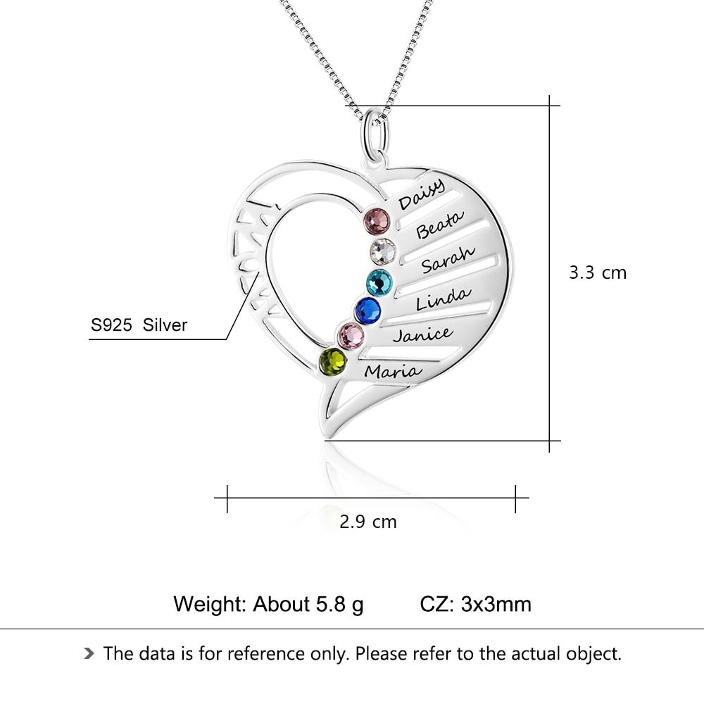 Personalized Sterling Silver Pendant Necklace - Six Custom Names & Birthstones - Heart Shaped Pendant - Customized Gifts