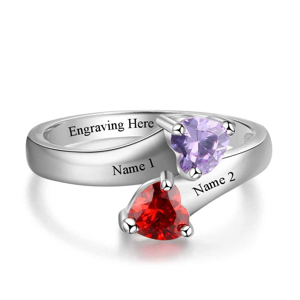 Personalized Silver Ring - Engrave One Phrase, Two Custom Names, Two Custom Heart Birthstones - Customized Gifts