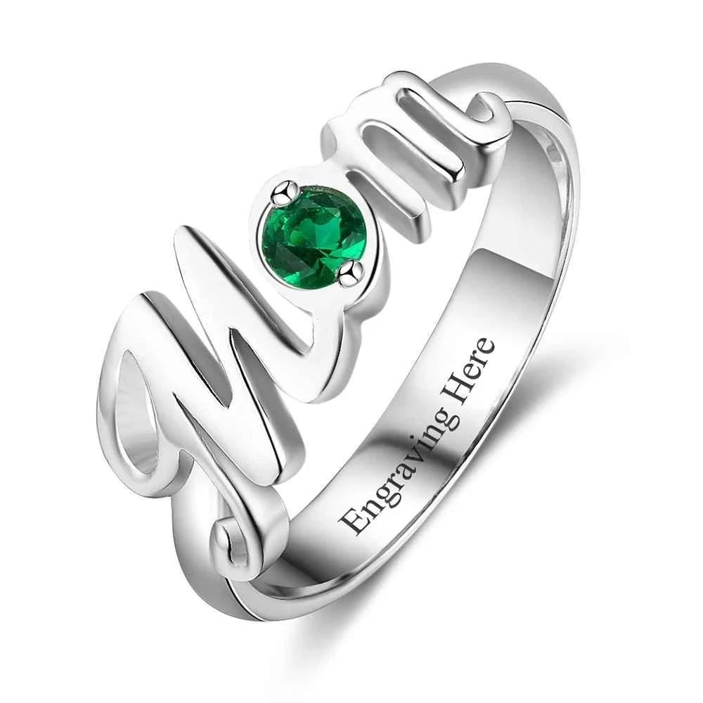 ‘Mom’ Shaped Personalized 925 Sterling Silver Ring with Cubic Zirconia Stones, Gift for Mother