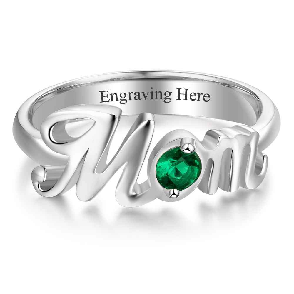 ‘Mom’ Shaped Personalized 925 Sterling Silver Ring with Cubic Zirconia Stones, Gift for Mother