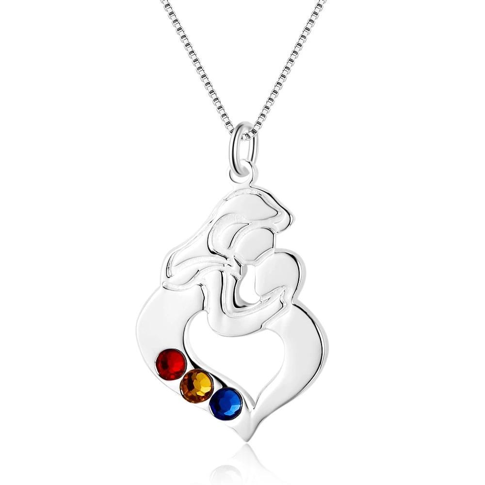 Personalized 925 Sterling Silver Necklace with Mother & Child Heart Shaped Pendant, Add 3 Birthstones, Fashion Jewelry