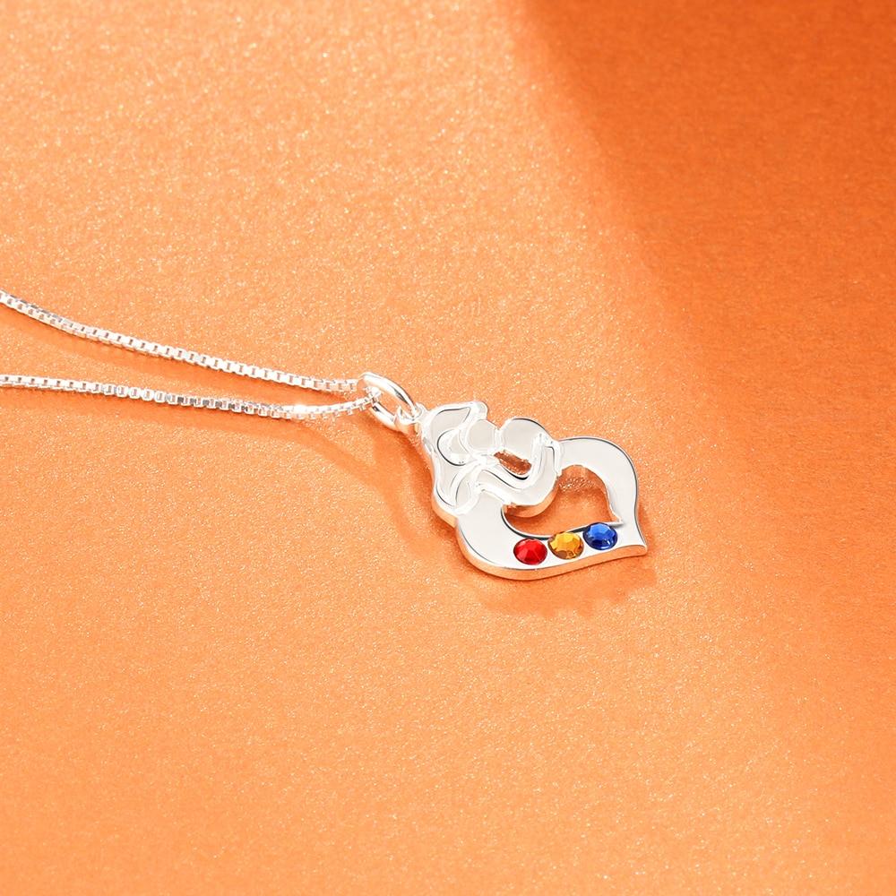 Personalized 925 Sterling Silver Necklace with Mother & Child Heart Shaped Pendant, Add 3 Birthstones, Fashion Jewelry