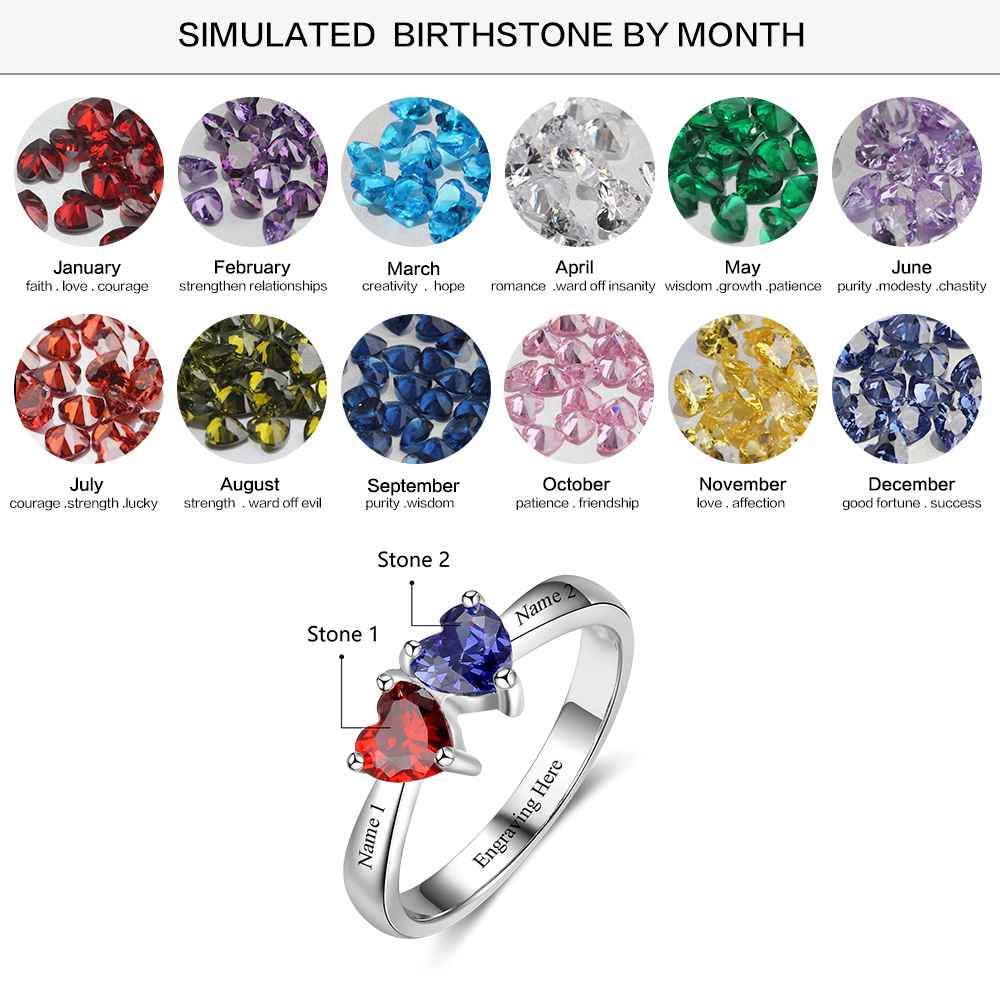 Personalized 925 Sterling Silver Promise Rings for Women – Custom Double Heart Birthstones – Engrave Names – Trendy Jewelry Gift 