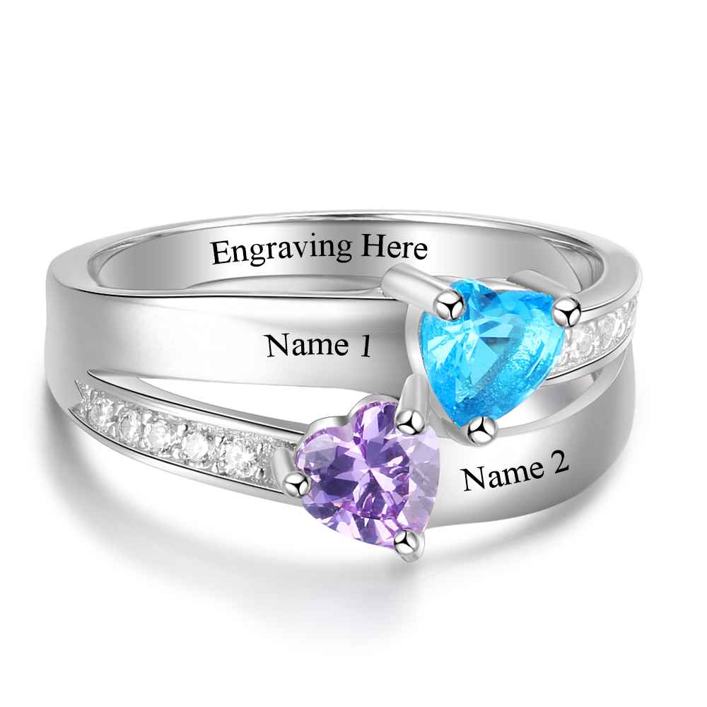 925 Sterling Silver 2 Heart Birthstone Ring Personalized with Custom Engrave Names for Her