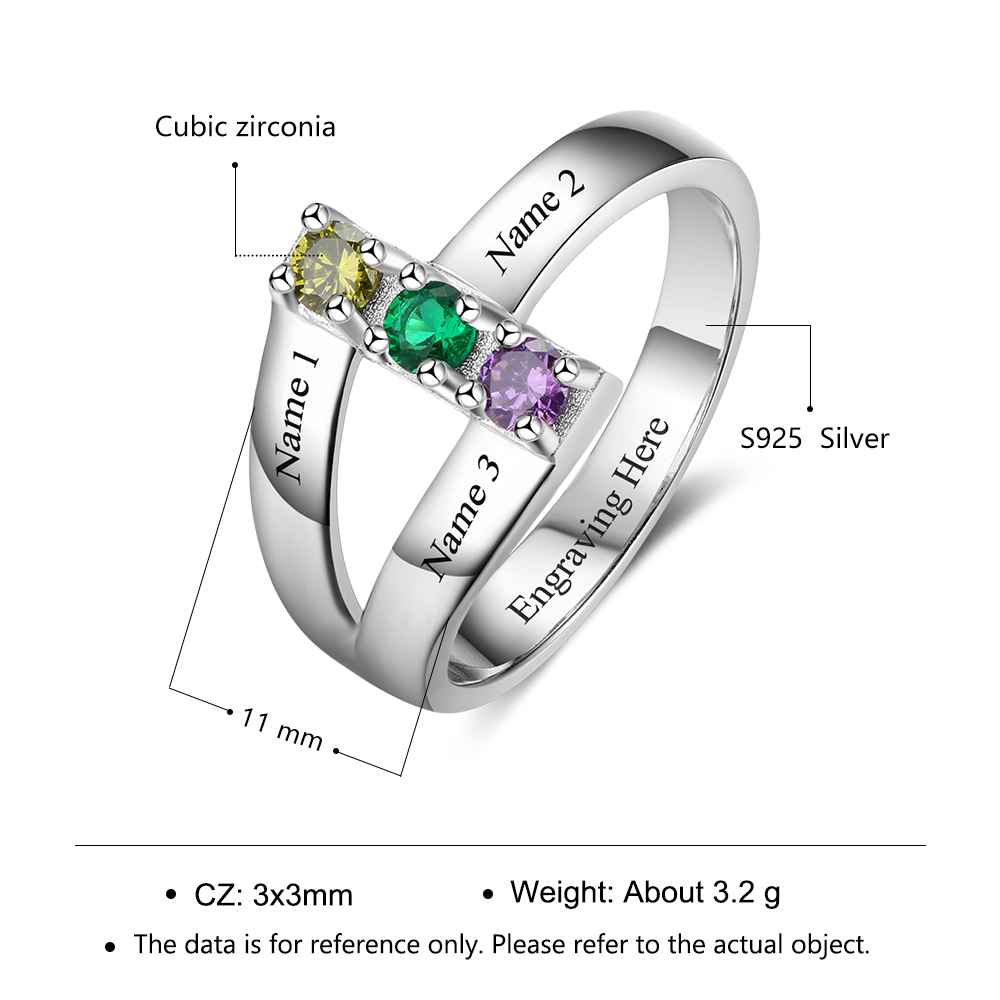 Personalized 925 Sterling Silver Ring with Birthstone setting, Special Gift for Mother with Names of Children Engravings, Gift for Family Member