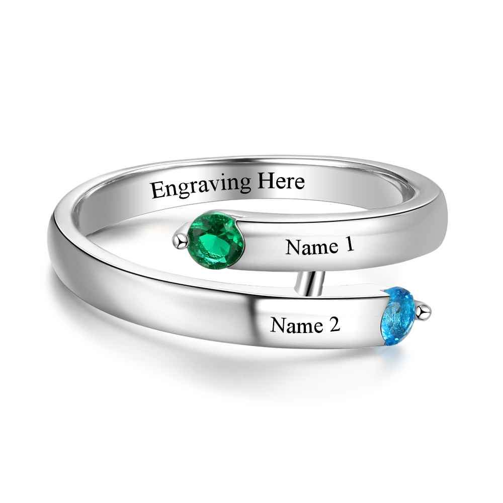 Personalized Gift Custom Engrave 2 Names & Birthstone Promise Ring 925 Sterling Silver Anniversary Jewelry