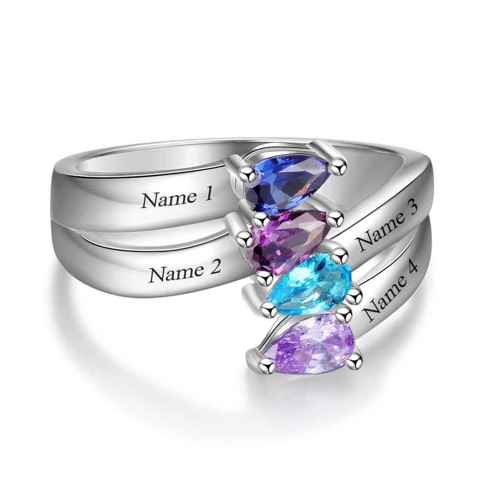 Personalized Gift for Friendship Engraved 4 Names Sister Birthstone Promise Rings 925 Sterling Silver Jewelry