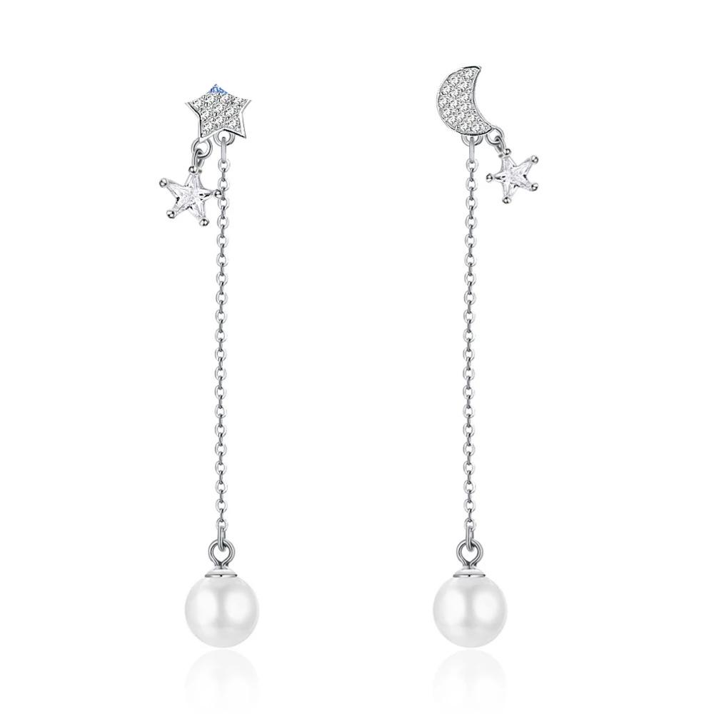 Simulated Pearl Moon And Star Accessories Long Earring Solid 925 Sterling Silver Dangle Earrings For Women