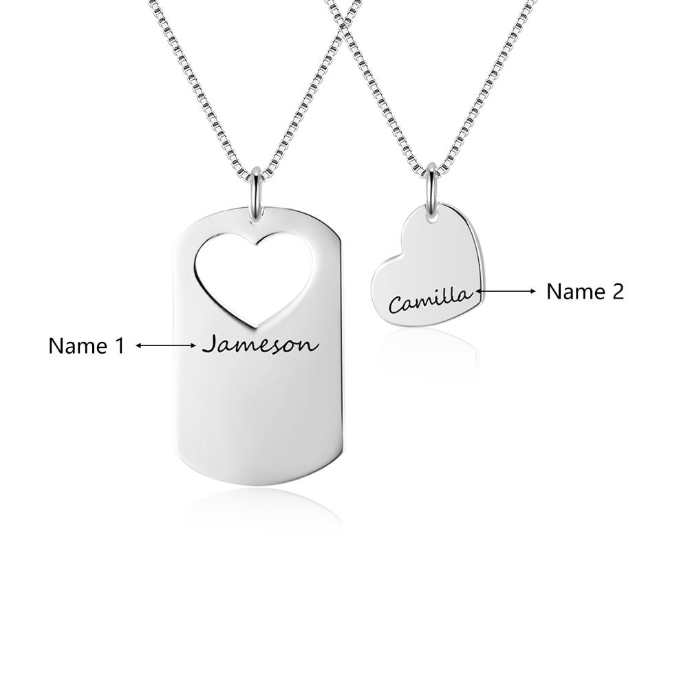 Personalized Women’s 925 Sterling Silver Name Necklace with 2 Pcs/Set Overlapping Heart Design Pendant, Trendy Love Jewelry for Couple