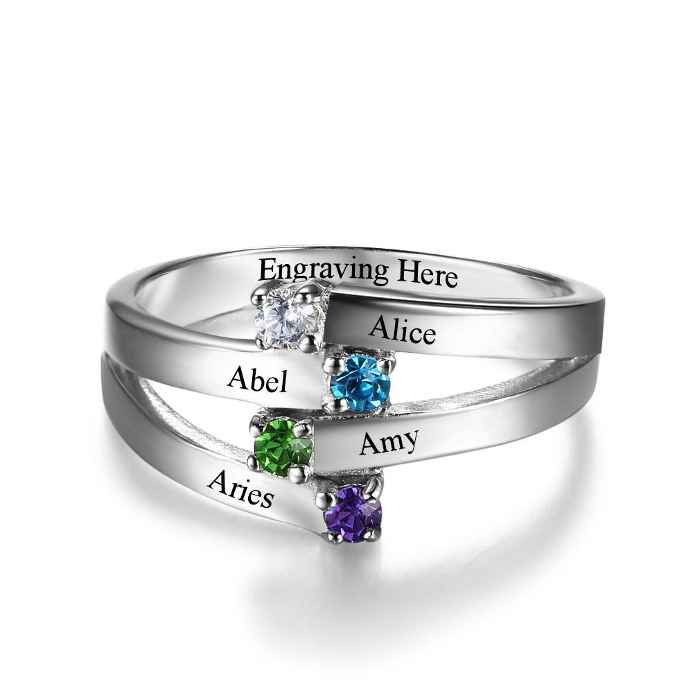 Sterling Silver Friendship & Family Ring Engrave 4 Names DIY Custom Birthstone Gift For Moms