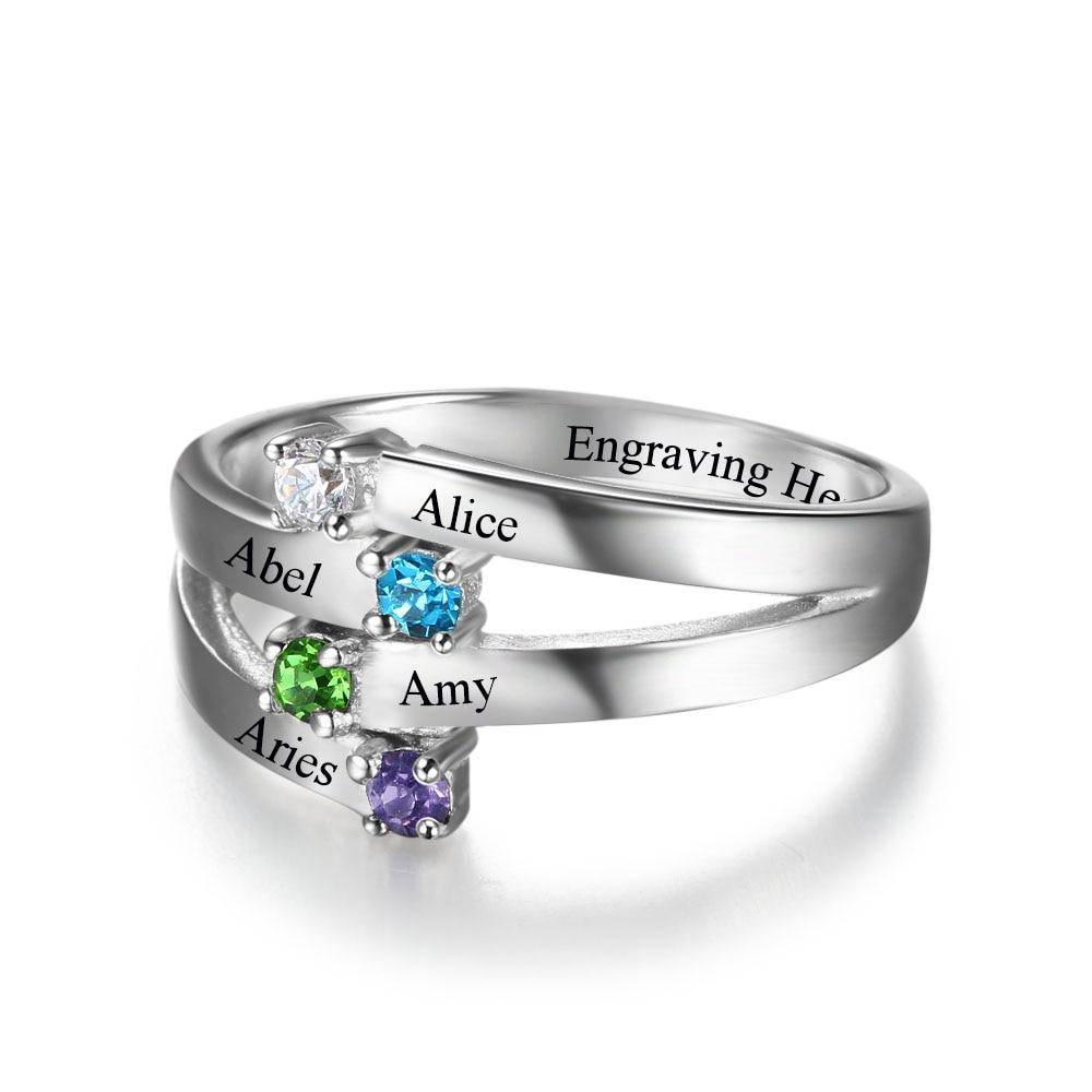 Sterling Silver Friendship & Family Ring Engrave 4 Names DIY Custom Birthstone Gift For Moms