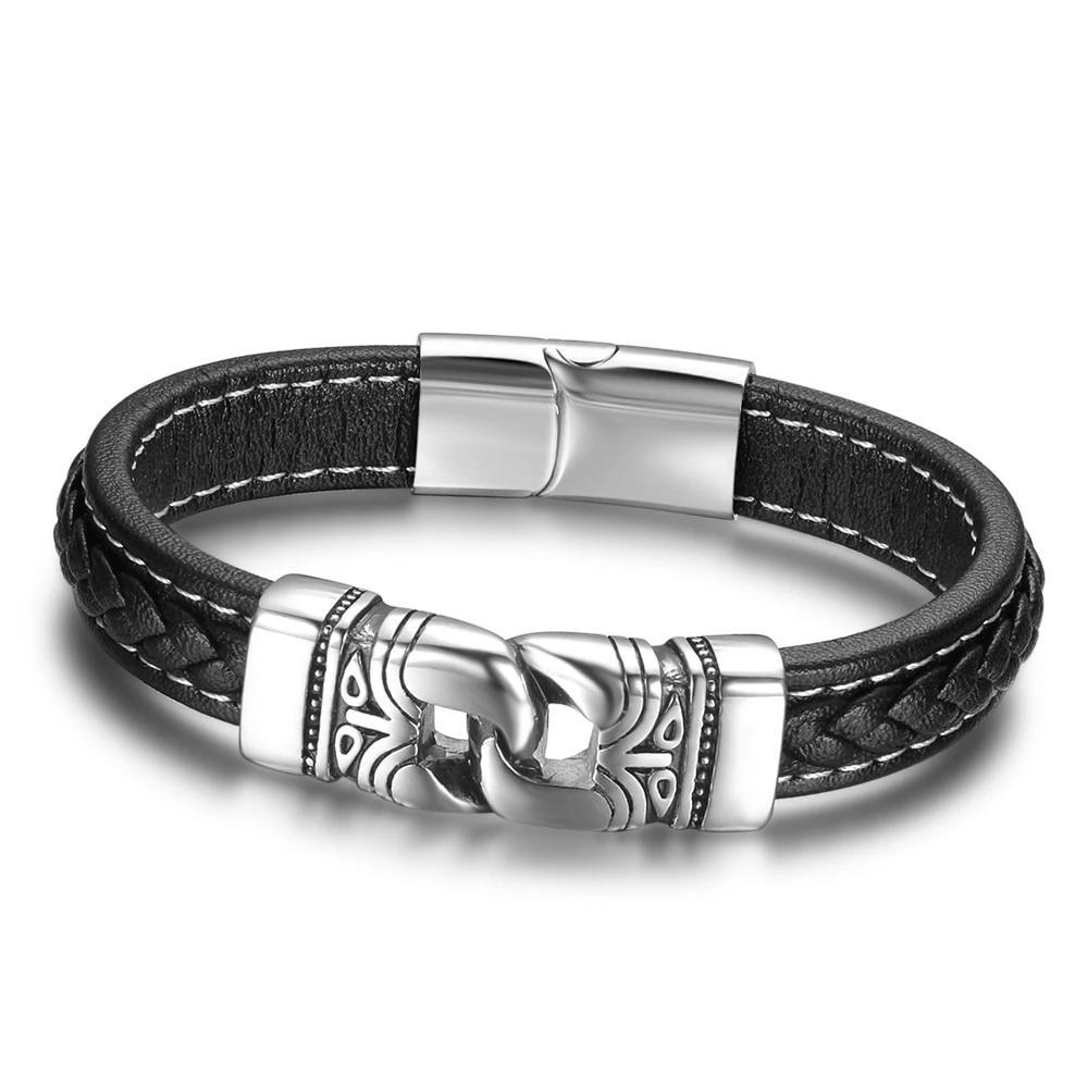21.5cm Genuine Leather Bracelets For Men Father's Day Gift Jewelry Ancient Stainless Steel Bracelets & Bangle