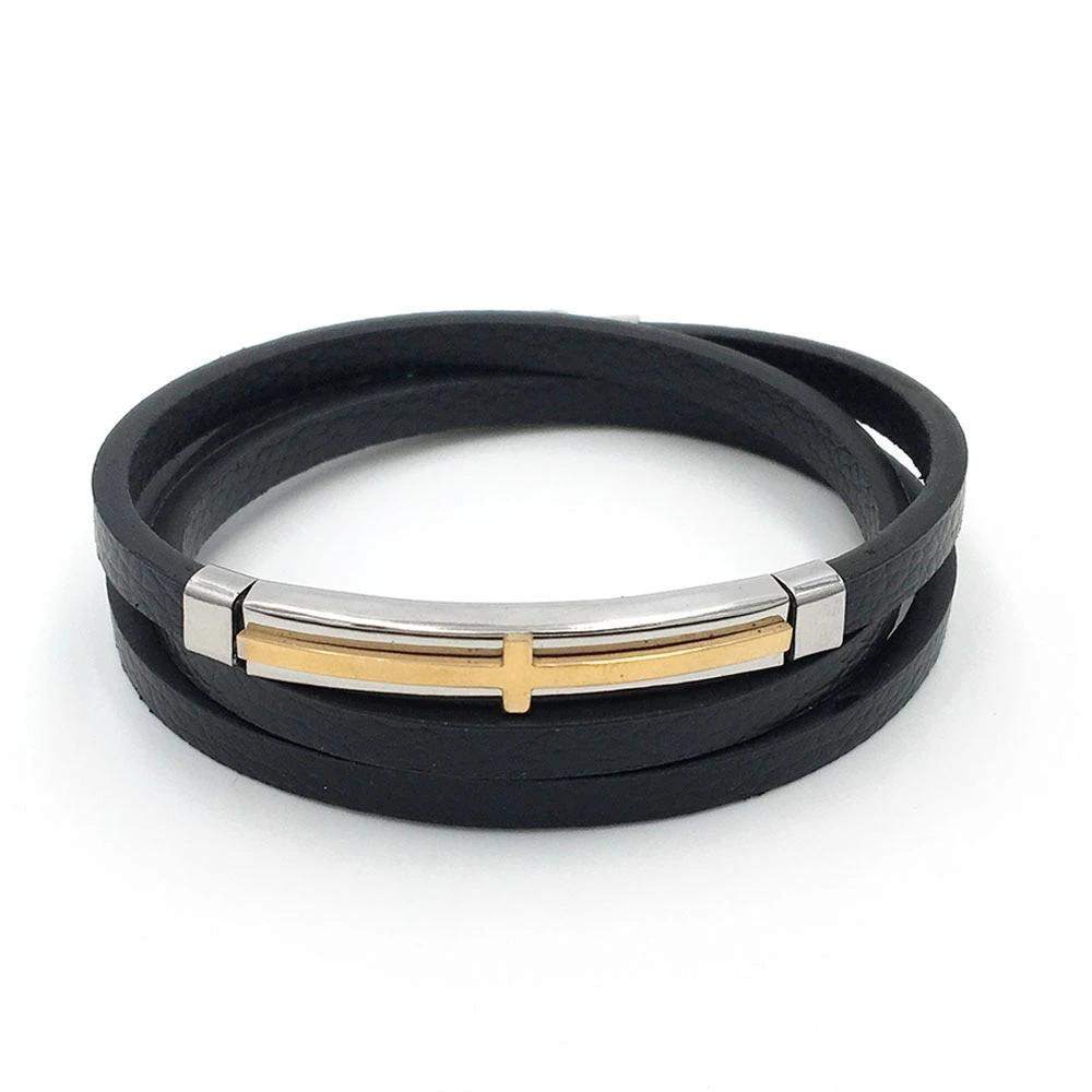 Trendy Genuine Leather Stainless Steel Cross Bracelets for Men, Double Layer Wristband, Jewelry Gift