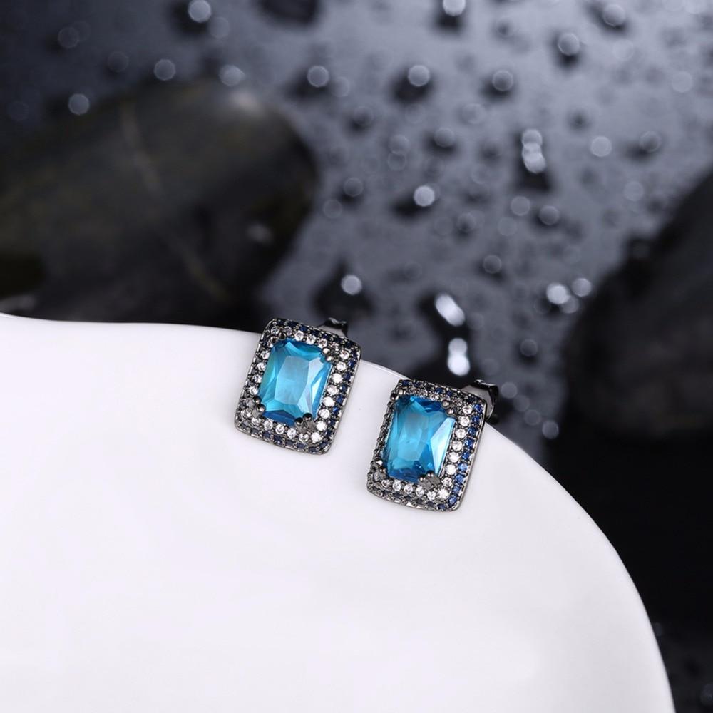 Square Shape Blue Cubic Zirconia Stud Earrings For Women Black Gun Color Party Accessories Gifts for Her