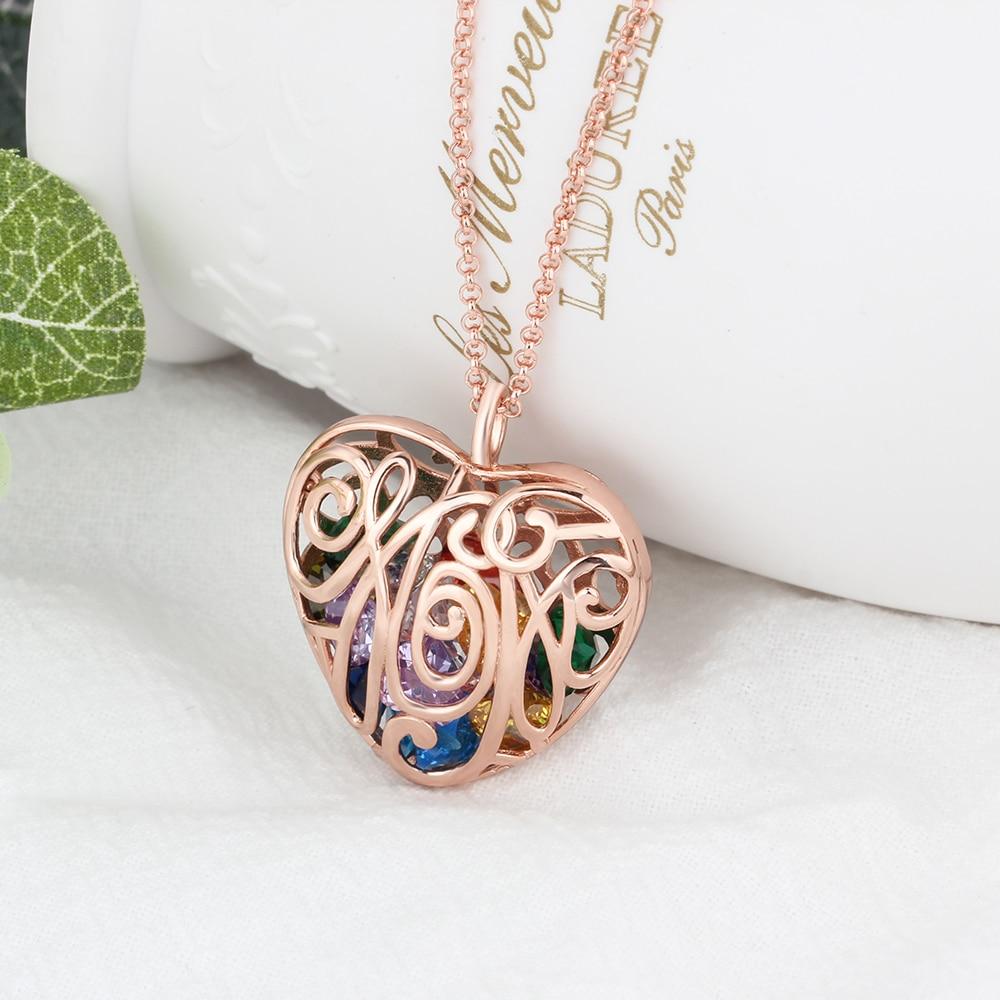Heart Hollow Pattern With Birthstone Personalized Gifts For Love Rose Gold Color Pendant Necklace Jewelry
