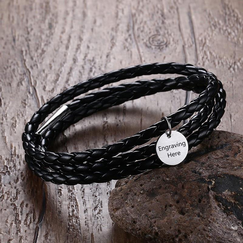 Personalized Medical ID Leather Bracelet - Genuine Black PU Leather Vintage Style Braided Band - Best Gift for Christmas, Birthday, & Anniversary