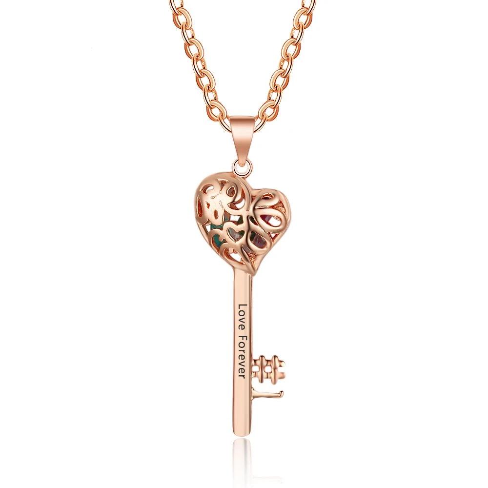 Key Shape With Birthstone Rose Gold Color Personalized Gift Engrave Name 925 Sterling Silver Pendant Necklace