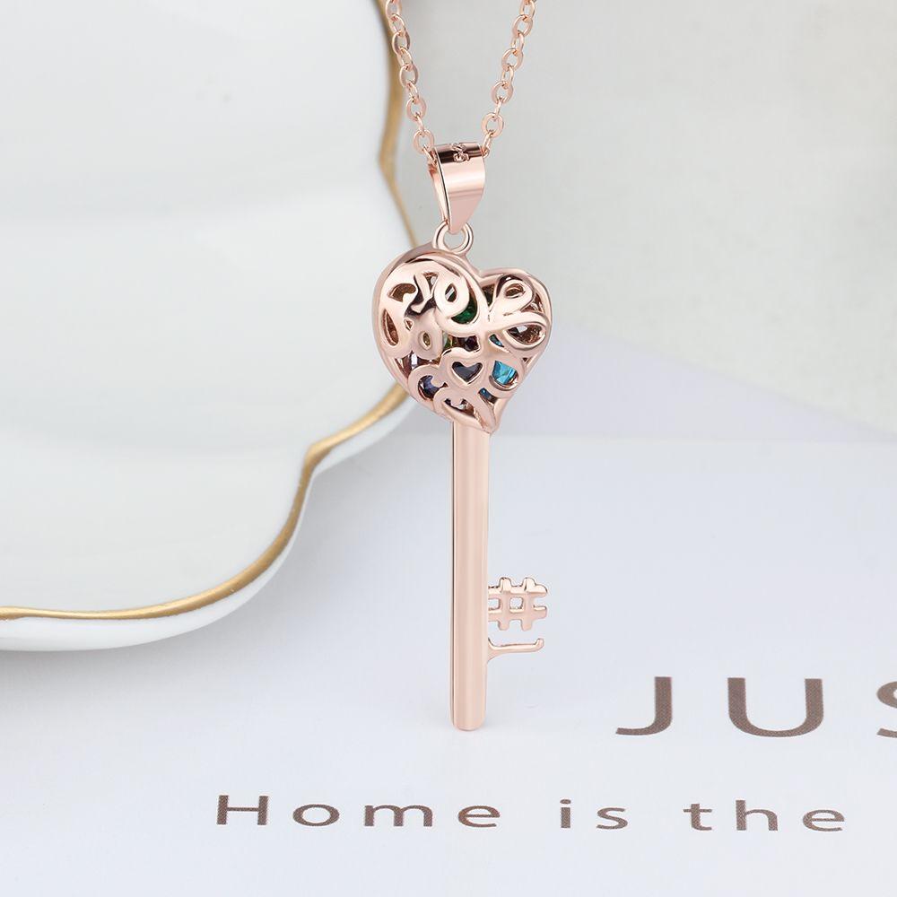 Key Shape With Birthstone Rose Gold Color Personalized Gift Engrave Name 925 Sterling Silver Pendant Necklace