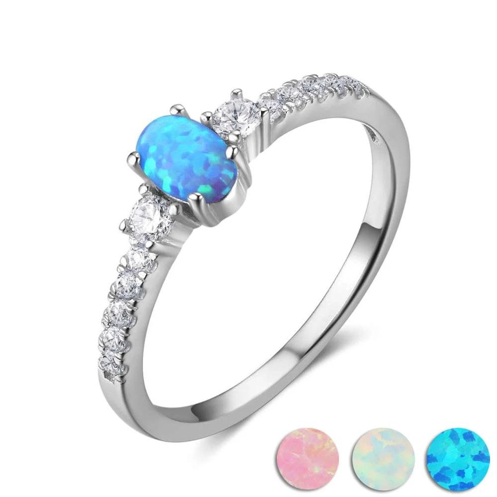 925 Sterling Silver Oval Blue Opal Stone Ring, Fashion Jewelry Gift for Women