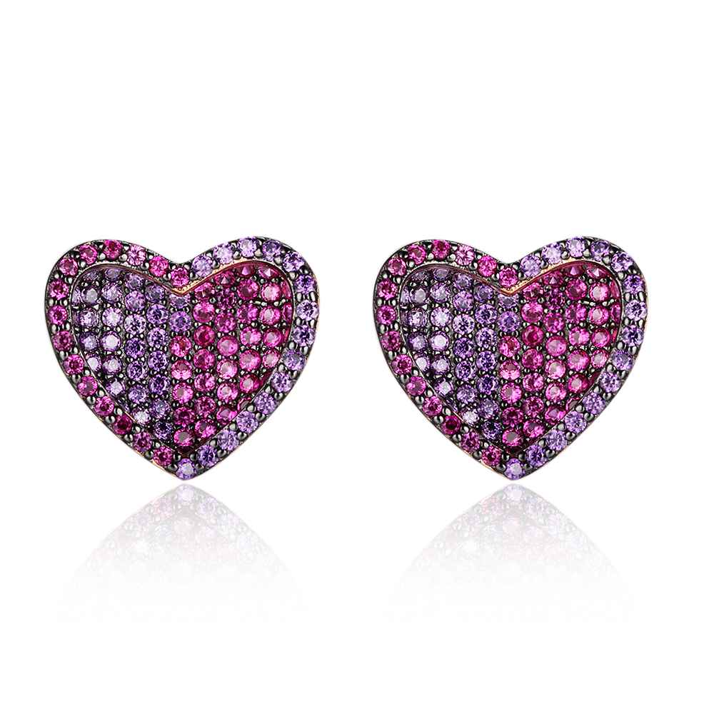 Unique 925 Silver Rose Red CZ Heart Stud Earrings for Women, Cute Designed Fashion Gift for Girlfriend