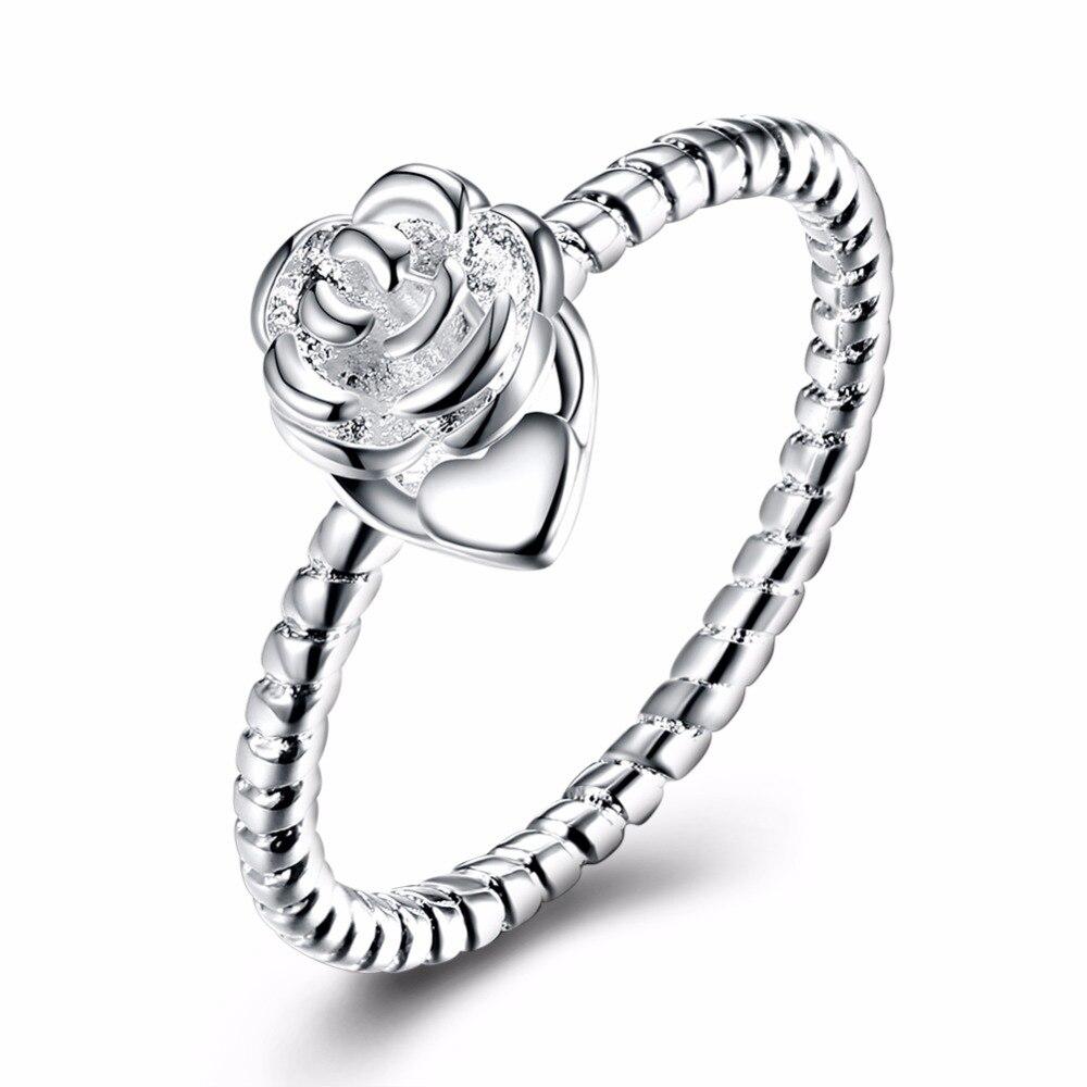 Rose Shape With Heart Design Rings For Women Party Accessories Silver Color Fashion OL Jewelry Gift For Her