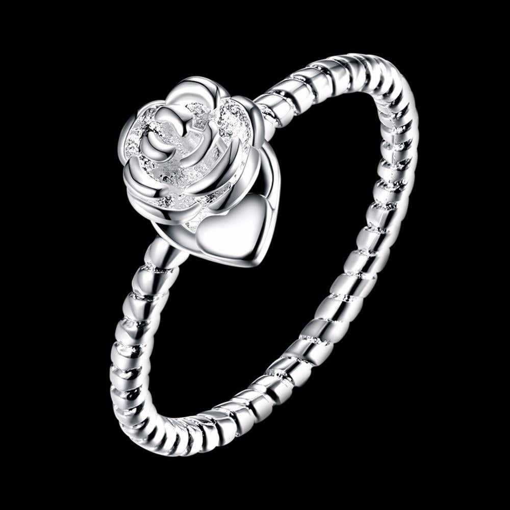 Rose Shape With Heart Design Rings For Women Party Accessories Silver Color Fashion OL Jewelry Gift For Her