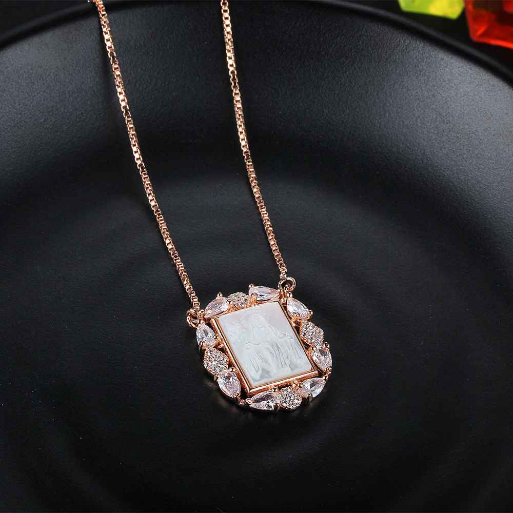 Personalized 925 Sterling Silver Unique Stone Deity Emboss Cubic Zirconia Necklaces, Trendy Gift for Women