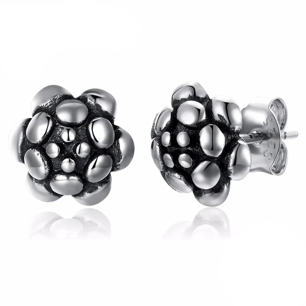 Vintage Rose Shape Black Gun Color Solid 925 Sterling Silver Stud Earrings For Women Fashion Party Jewelry