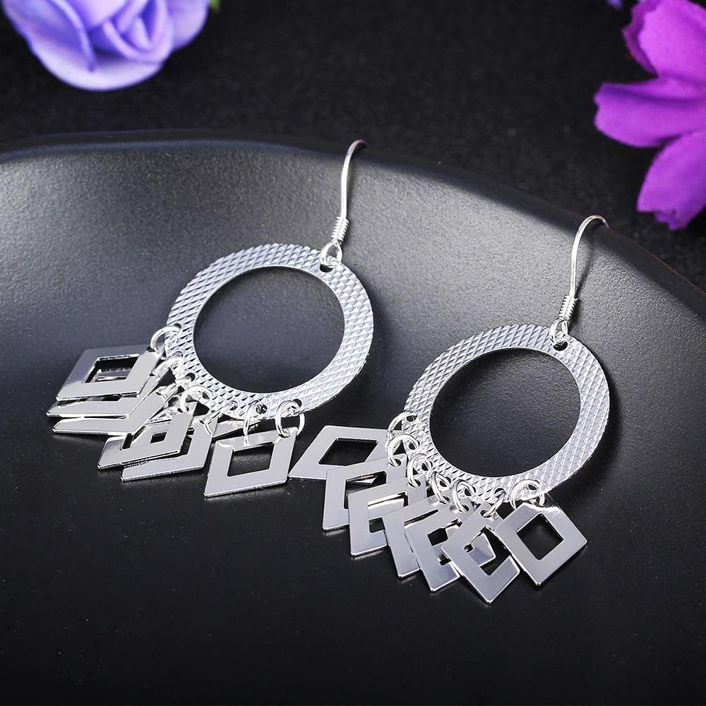 925 Sterling Silver Hollow Circle Rhombus Drop Earrings, Party Fashion Jewelry for Women