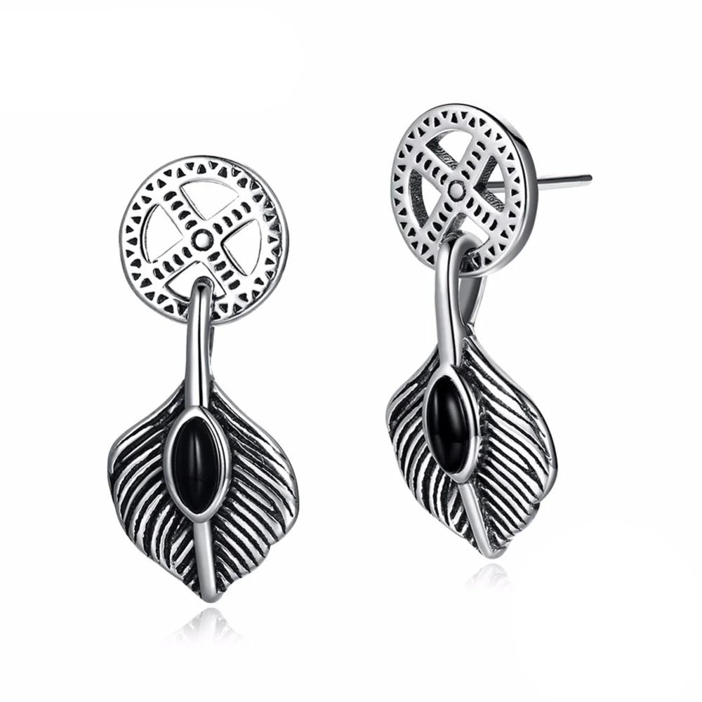 Vintage Leaves Shape Black Gun Color Solid 925 Sterling Silver Stud Earrings For Women Fashion Party Jewelry