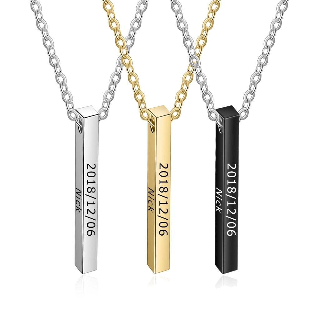 Personalized Stainless Steel Engraved Name Strip Pendant Necklaces, 3 Color Options, Fashion Gift for Women