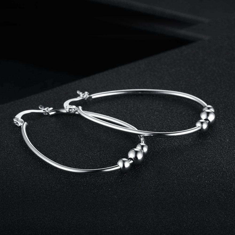 Sterling Silver Earrings - Women Fashion Jewelry - Rhodium Plated - Big Circle with Sliding Bead Hoop Earrings