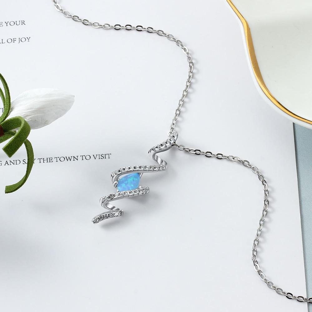 925 Sterling Silver Geometric Necklace with Ribbon Shape Twist Blue Opal Pendant, Gift for Women