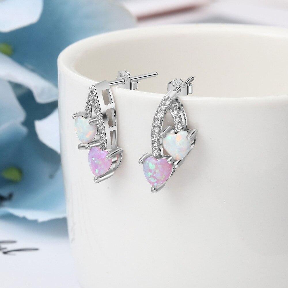 Romantic Pink & White Opal Stud Earrings for Women 925 Sterling Silver Heart Earrings Silver 925 Fine Jewelry