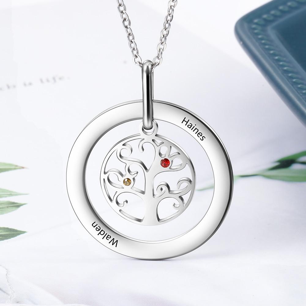 Personalized Stainless Steel Necklace with Customized 2 Birthstone Tree of Life Pendant, Gift for Mother