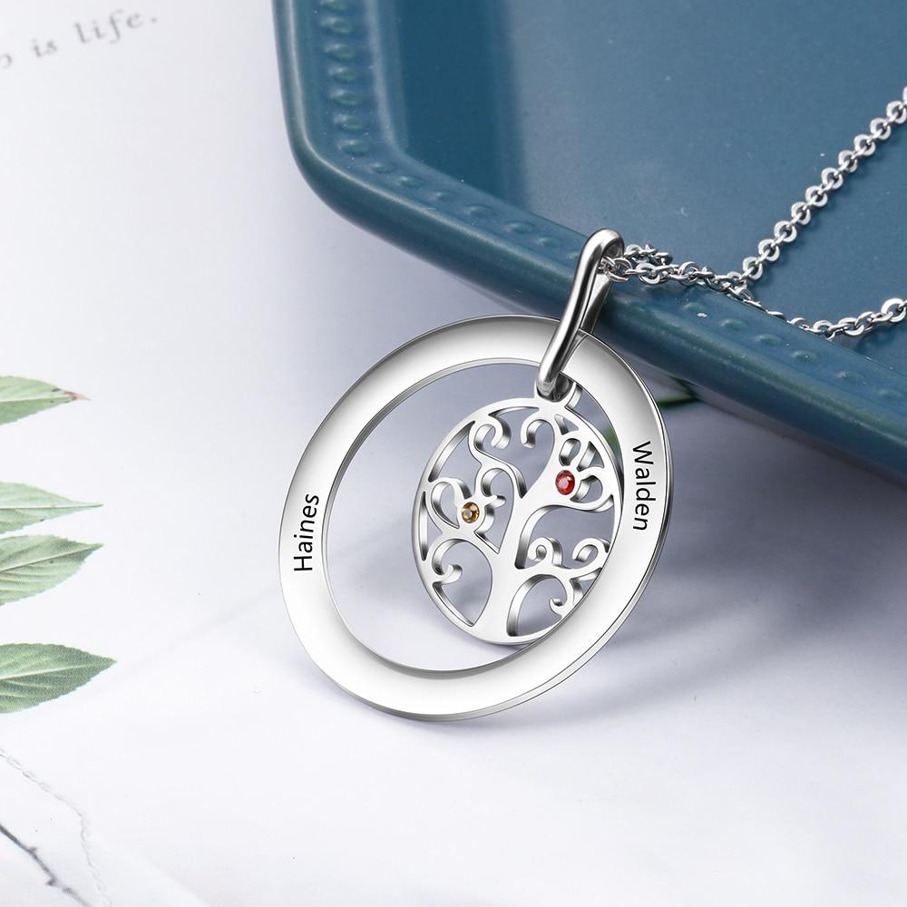 Personalized Stainless Steel Necklace with Customized 2 Birthstone Tree of Life Pendant, Gift for Mother