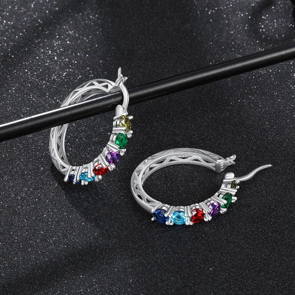Personalized 925 Sterling Silver Hoop Earrings for Women Custom 6 Birthstones Statement Earrings Birthday Gift